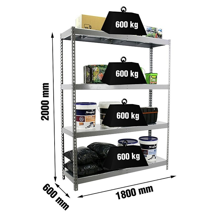 Simonrack Simonforte Schwerlastregal Simonforte Metall (H x B x T: 200 x 180 x 60 cm, Traglast pro Boden: 600 kg, Anzahl Böden: 4 Stk., Stecken, Grau/Silber) | BAUHAUS