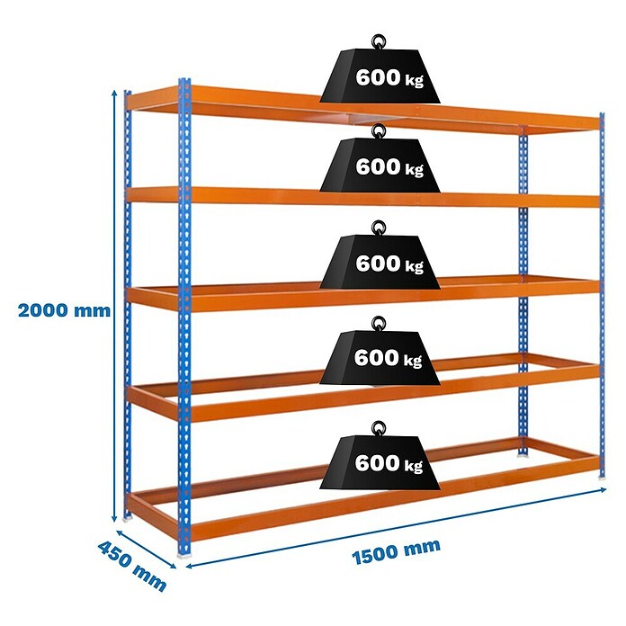 Simonrack Simonforte Estantería para cargas pesadas (Al x An x Pr: 200 x 150 x 45 cm, Número de baldas: 5 ud., Inserción, Azul/Naranja, Capacidad de carga por balda: 600 kg) | BAUHAUS