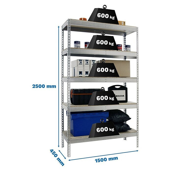 Simonrack Simonforte Schwerlastregal Simonforte Chipboard (H x B x T: 250 x 150 x 45 cm, Traglast pro Boden: 600 kg, Anzahl Böden: 5 Stk., Stecken, Silber) | BAUHAUS