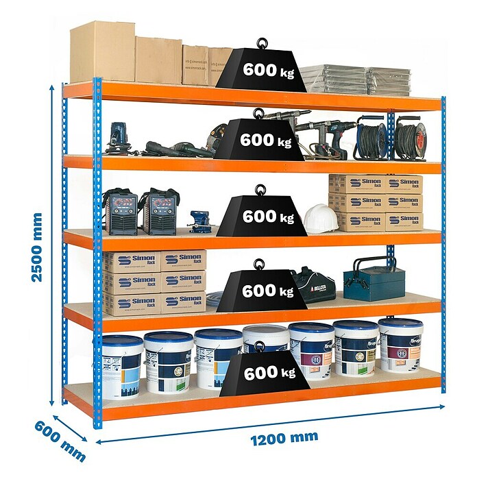 Simonrack Simonforte Schwerlastregal Simonforte Chipboard (H x B x T: 250 x 120 x 60 cm, Traglast pro Boden: 600 kg, Anzahl Böden: 5 Stk., Stecken, Blau/Orange) | BAUHAUS