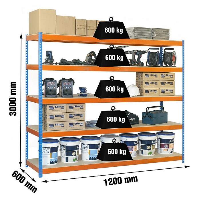 Simonrack Simonforte Schwerlastregal Simonforte Chipboard (H x B x T: 300 x 120 x 60 cm, Traglast pro Boden: 600 kg, Anzahl Böden: 5 Stk., Stecken, Blau/Orange) | BAUHAUS