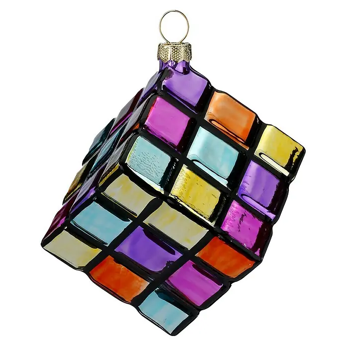 Christbaumschmuck Zauberwürfel - Bunt, Glas, 1 Stk., 9 x 9 x 9 cm - Bunter Glas-Weihnachtsanhänger in Rubik's-Cube-Form mit goldenem Aufhänger.