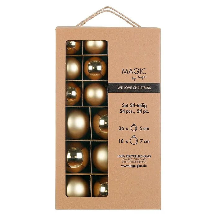 Weihnachtskugeln - Brokatgold, Glas, Durchmesser: 5 cm - 7 cm, 20 Stk. - 54-teiliges Set goldener Weihnachtskugeln, gemischt matt und glänzend, in braunem Karton mit Sichtfenster.