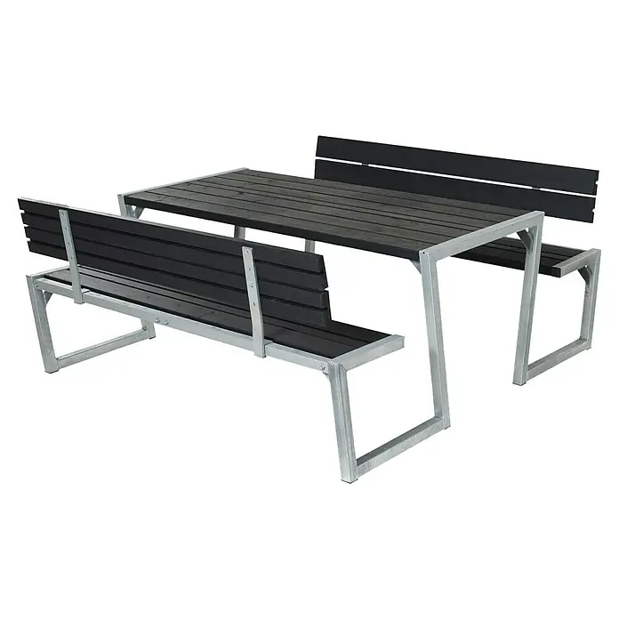Plus Picknicktisch Zigma - 3 -tlg., Schwarz/Silber, Mit 2 Rückenlehnen - Schwarze Picknicktischgarnitur mit Metallgestell, ideal für den Außenbereich. Die Sitzbänke haben Rückenlehnen für zusätzlichen Komfort.