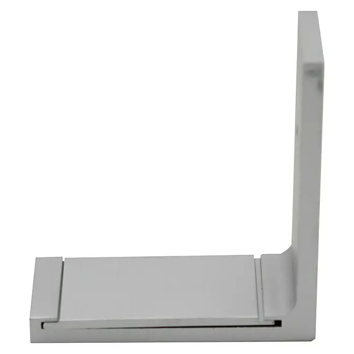 Expo Ambiente Wandträger Smart - Silber, Länge: 6,5 cm - Nahaufnahme einer minimalistischen, grauen Wandhalterung. Ideal für Bücherregale, bietet sie eine unauffällige und elegante Lösung.