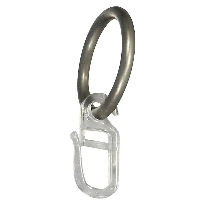 Expo Ambiente Rundring-Pack - Edelstahloptik, Geeignet für: Gardinenstangen Ø 16 mm - Ein silberfarbener Vorhangring mit einem transparenten Kunststoffhaken, der für Vorhänge und Gardinen verwendet wird.