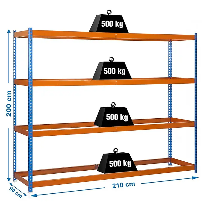 Simonrack Simonforte Estantería para cargas pesadas - Al x An x Pr: 200 x 210 x 90 cm, Número de baldas: 4 ud., Inserción, Azul/Naranja, Capacidad de carga por balda: 600 kg - Estantería metálica resistente azul y naranja con 4 niveles, cada uno para 500 kg. Medidas: 200x210x90 cm.