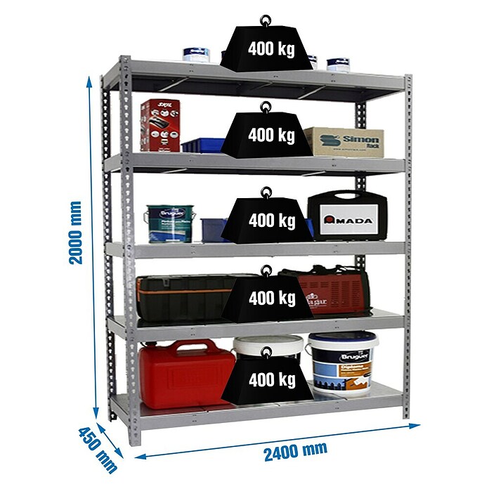 Simonrack Simonforte Schwerlastregal Simonforte Metall (H x B x T: 200 x 240 x 45 cm, Traglast pro Boden: 400 kg, Anzahl Böden: 5 Stk., Stecken, Blau/Orange) | BAUHAUS