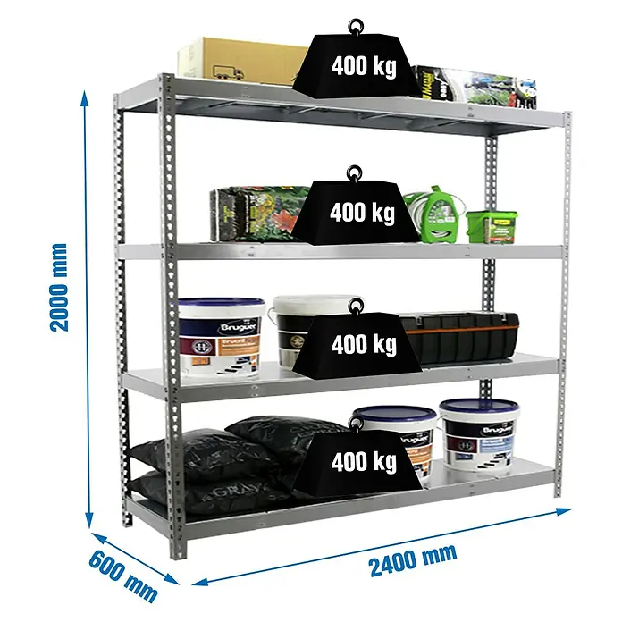 Simonrack Simonforte Estantería para cargas pesadas Metal - Al x An x Pr: 200 x 240 x 60 cm, Capacidad de carga por balda: 400 kg, Número de baldas: 4 ud., Inserción, Gris - Estantería metálica galvanizada con 4 baldas, 2000x2400x600 mm, 400 kg de carga por balda.