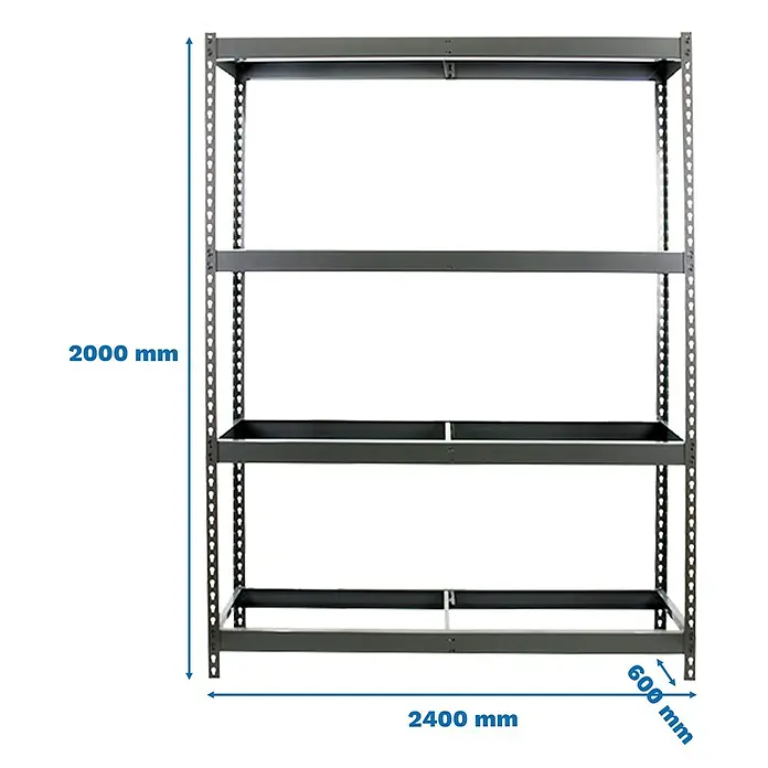 Simonrack Simonforte Estantería para cargas pesadas - Al x An x Pr: 200 x 240 x 60 cm, Número de baldas: 4 ud., Inserción, Gris, Capacidad de carga por balda: 400 kg - Estantería industrial de metal gris oscuro (2000x2400x600mm) con estantes ajustables para almacenamiento pesado.