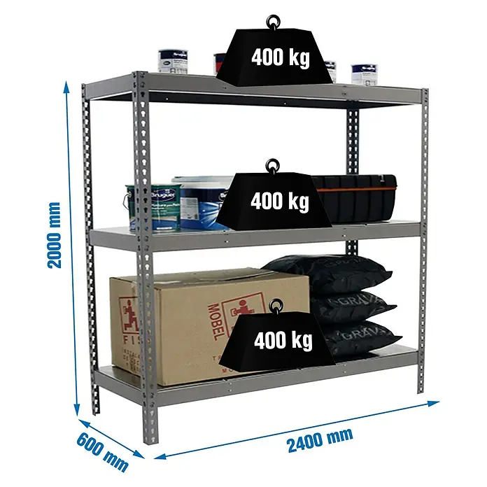 Simonrack Simonforte Estantería para cargas pesadas Metal - Al x An x Pr: 200 x 240 x 60 cm, Capacidad de carga por balda: 400 kg, Número de baldas: 3 ud., Inserción, Gris - Estantería metálica gris con 3 estantes, 2000x2400x600mm, capacidad de carga 400kg por estante.