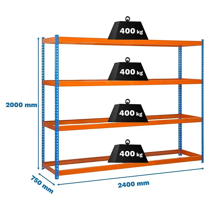 Simonrack Simonforte Estantería para cargas pesadas - Al x An x Pr: 200 x 240 x 75 cm, Número de baldas: 4 ud., Inserción, Azul/Naranja, Capacidad de carga por balda: 600 kg - Estantería industrial naranja y azul con 4 baldas, cada una de 400 kg de carga. Medidas: Al2000mm x Pr750mm x An2400mm.
