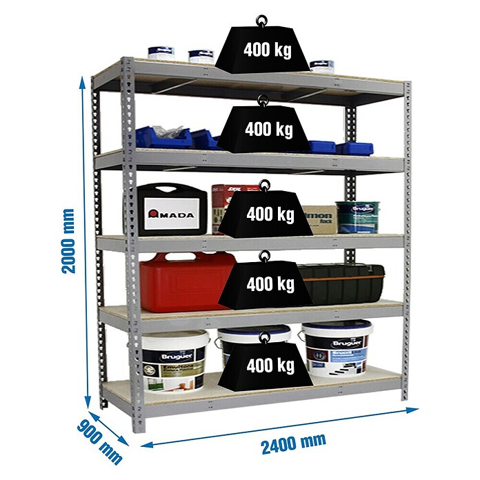 Simonrack Simonforte Schwerlastregal Simonforte Chipboard (H x B x T: 200 x 240 x 90 cm, Traglast pro Boden: 400 kg, Anzahl Böden: 5 Stk., Stecken, Blau/Orange) | BAUHAUS