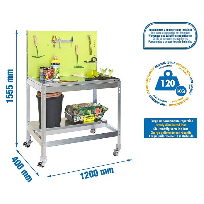 Simonrack Simongarden Banco de trabajo BT2 Mobile (L x An: 40 x 120 cm, Altura de trabajo: 155,5 cm, Carga soportada: 120 kg, Verde/Galvanizado) | BAUHAUS