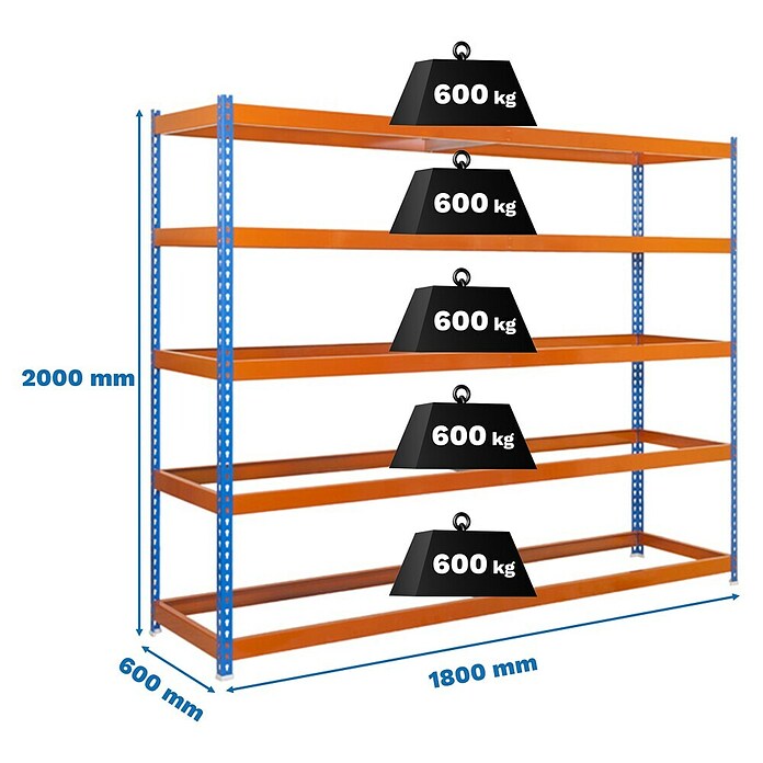 Simonrack Simonforte Estantería para cargas pesadas (Al x An x Pr: 200 x 180 x 60 cm, Número de baldas: 5 ud., Inserción, Azul/Naranja, Capacidad de carga por balda: 600 kg) | BAUHAUS