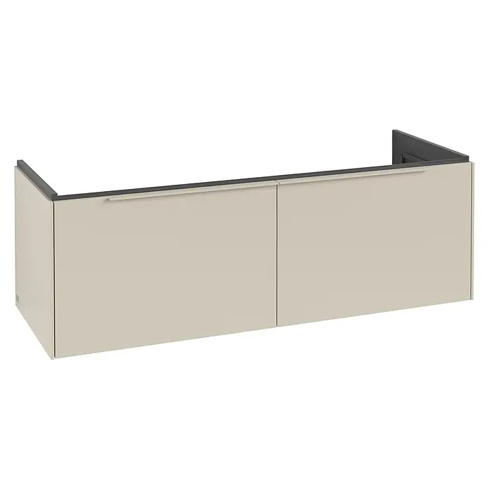 Villeroy & Boch Subway 3.0 Waschbeckenunterschrank - Cashmere Grey, Anzahl Schubladen: 2 Stk., Farbe Griff: Monochrom, B x T x H: 127,2 x 47,8 x 42,9 cm, Mit Beleuchtung - Hellbeiger Wandschrank mit zwei Türen und einer dunkelgrauen Griffleiste.