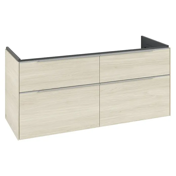 Villeroy & Boch Subway 3.0 Waschbeckenunterschrank - White Oak, Anzahl Schubladen: 4 Stk., Farbe Griff: Aluminium glänzend, B x T x H: 127,2 x 47,8 x 57,6 cm - Wandhängender Schrank in heller Holzoptik mit vier Schubladen und dunkelgrauen Akzenten.
