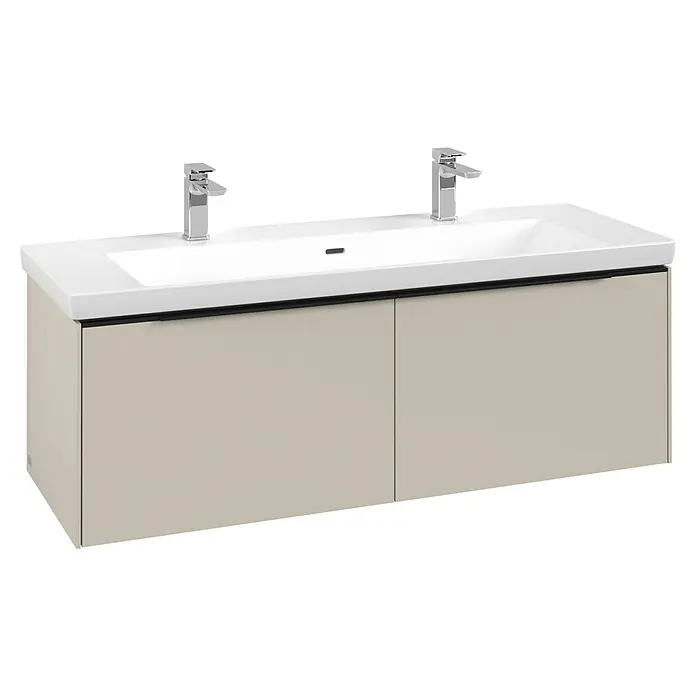 Villeroy & Boch Subway 3.0 Waschbeckenunterschrank - Cashmere Grey, Anzahl Schubladen: 2 Stk., Farbe Griff: Volcano Black, B x T x H: 127,2 x 47,8 x 42,9 cm, Mit Beleuchtung - Weißer Doppelwaschtisch mit beigem Unterschrank und zwei Chromarmaturen.