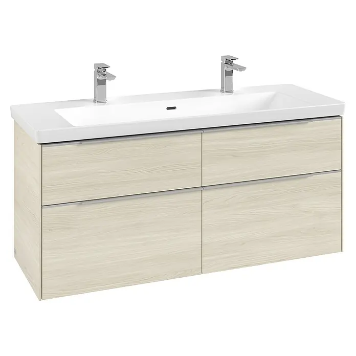Villeroy & Boch Subway 3.0 Waschbeckenunterschrank - White Oak, Anzahl Schubladen: 4 Stk., Farbe Griff: Aluminium glänzend, B x T x H: 127,2 x 47,8 x 57,6 cm - Helles Holz-Doppelwaschtisch mit weißer Keramik-Doppelspüle, zwei Chromarmaturen und vier Schubladen.