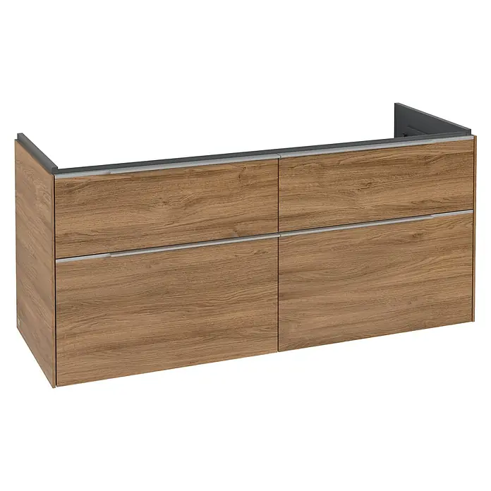 Villeroy & Boch Subway 3.0 Waschbeckenunterschrank - Kansas Oak, Anzahl Schubladen: 4 Stk., Farbe Griff: Aluminium glänzend, B x T x H: 127,2 x 47,8 x 57,6 cm - Modernes hellbraunes Holzschrank mit vier Schubladen und integrierten silbergrauen Griffen.