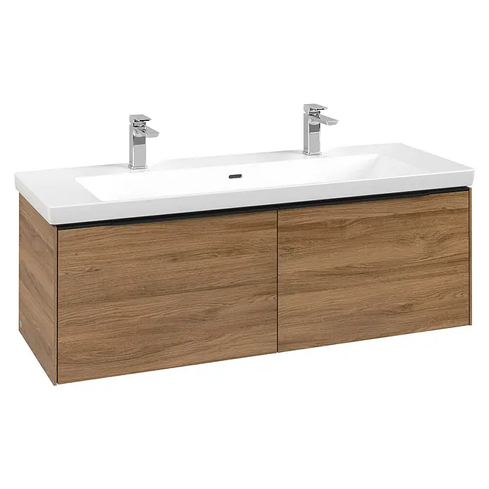 Villeroy & Boch Subway 3.0 Waschbeckenunterschrank - Kansas Oak, Anzahl Schubladen: 2 Stk., Farbe Griff: Volcano Black, B x T x H: 127,2 x 47,8 x 42,9 cm, Mit Beleuchtung - Moderner Doppelwaschtischunterschrank mit weißem Keramikbecken, zwei Chromarmaturen und braunem Holzschrank.