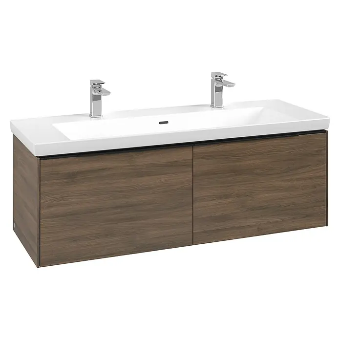 Villeroy & Boch Subway 3.0 Waschbeckenunterschrank - Arizona Oak, Anzahl Schubladen: 2 Stk., Farbe Griff: Volcano Black, B x T x H: 127,2 x 47,8 x 42,9 cm, Mit Beleuchtung - Doppelwaschbecken-Waschtischunterschrank mit weißem Keramikbecken und dunklem Holzschrank, mit zwei Chromarmaturen.