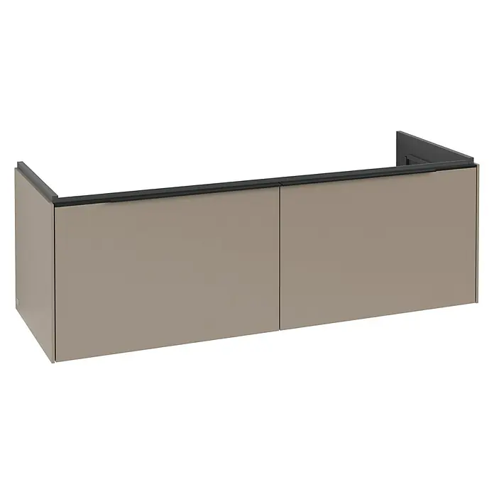 Villeroy & Boch Subway 3.0 Waschbeckenunterschrank - Taupe, Anzahl Schubladen: 2 Stk., Farbe Griff: Volcano Black, B x T x H: 127,2 x 47,8 x 42,9 cm, Mit Beleuchtung - Taupefarbener Wandschrank mit zwei Türen und integrierter dunkelgrauer Griffleiste.