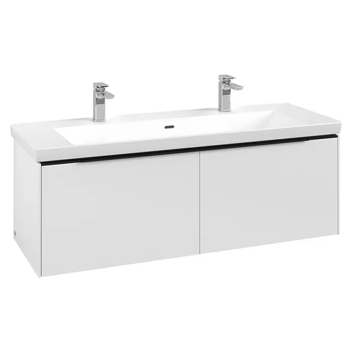 Villeroy & Boch Subway 3.0 Waschbeckenunterschrank - Pure White, Anzahl Schubladen: 2 Stk., Farbe Griff: Volcano Black, B x T x H: 127,2 x 47,8 x 42,9 cm, Mit Beleuchtung - Weißer Doppelwaschtisch mit integriertem Doppelwaschbecken und zwei Chromarmaturen, mit schwarzen Griffen.