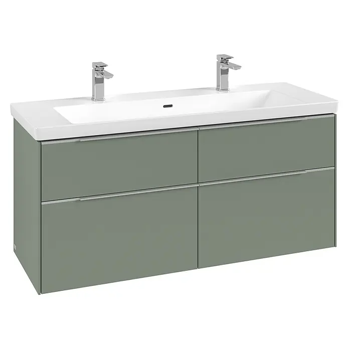 Villeroy & Boch Subway 3.0 Waschbeckenunterschrank - Soft Green, Anzahl Schubladen: 4 Stk., Farbe Griff: Aluminium glänzend, B x T x H: 127,2 x 47,8 x 57,6 cm - Moderner salbeigrüner Doppelwaschtisch mit weißer Keramikplatte, Chromarmaturen und vier Schubladen mit Griffmulden.