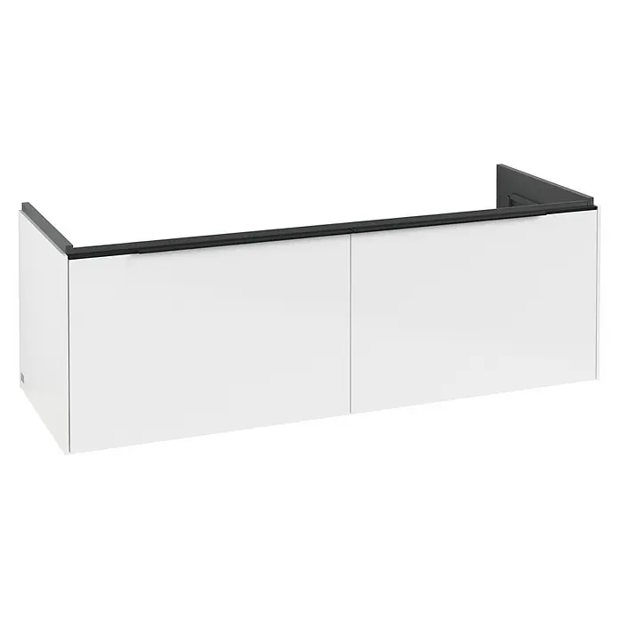 Villeroy & Boch Subway 3.0 Waschbeckenunterschrank - Brilliant White, Anzahl Schubladen: 2 Stk., Farbe Griff: Volcano Black, B x T x H: 127,2 x 47,8 x 42,9 cm, Mit Beleuchtung - Weißer Wandschrank mit dunkelgrauen integrierten Griffen.
