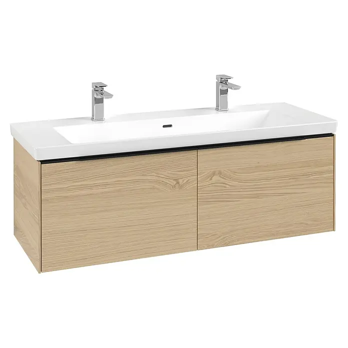 Villeroy & Boch Subway 3.0 Waschbeckenunterschrank - Nordik Oak, Anzahl Schubladen: 2 Stk., Farbe Griff: Volcano Black, B x T x H: 127,2 x 47,8 x 42,9 cm, Mit Beleuchtung - Doppelter Badunterschrank mit weißem Keramikwaschbecken, zwei Chromarmaturen und hellem Holzschrank.