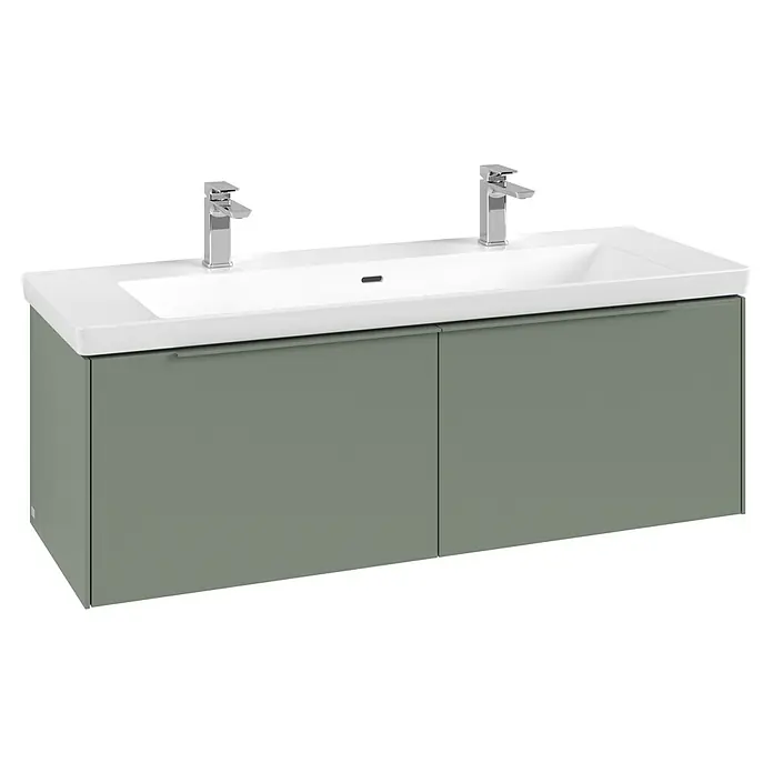 Villeroy & Boch Subway 3.0 Waschbeckenunterschrank - Soft Green, Anzahl Schubladen: 2 Stk., Farbe Griff: Monochrom, B x T x H: 127,2 x 47,8 x 42,9 cm, Mit Beleuchtung - Doppelwaschtisch mit weißer Keramikplatte, zwei Chromarmaturen und einem salbeigrünen Zweitürerschrank.