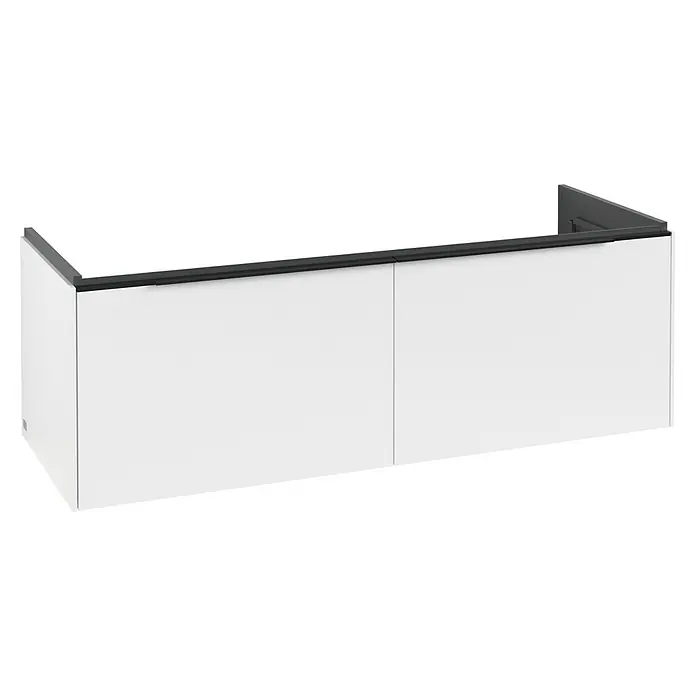 Villeroy & Boch Subway 3.0 Waschbeckenunterschrank - Pure White, Anzahl Schubladen: 2 Stk., Farbe Griff: Volcano Black, B x T x H: 127,2 x 47,8 x 42,9 cm, Mit Beleuchtung - Weißer Wandschrank mit zwei Fächern und dunkelgrauer Griffleiste.