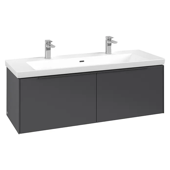 Villeroy & Boch Subway 3.0 Waschbeckenunterschrank - Graphite, Anzahl Schubladen: 2 Stk., Farbe Griff: Monochrom, B x T x H: 127,2 x 47,8 x 42,9 cm, Mit Beleuchtung - Doppelwaschtisch mit zwei weißen Keramikwaschbecken und zwei Chromarmaturen auf dunkelgrauem Unterschrank.