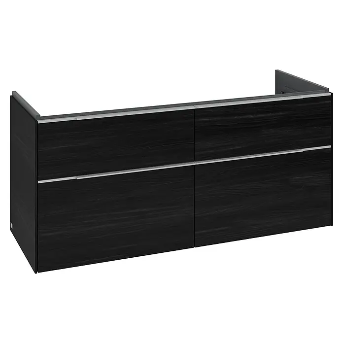 Villeroy & Boch Subway 3.0 Waschbeckenunterschrank - Black Oak, Anzahl Schubladen: 4 Stk., Farbe Griff: Aluminium glänzend, B x T x H: 127,2 x 47,8 x 57,6 cm - Dunkler Holz-Unterschrank mit vier Schubladen und silbernen Griffen.