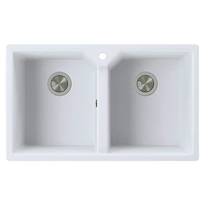 Atron Fregadero encastrable Piros - 49,5 x 81,6 cm, Material compuesto, Blanco, Mate - La imagen muestra un moderno fregadero doble de cocina blanco con desagües redondos de acero inoxidable, ideal para cualquier cocina contemporánea.