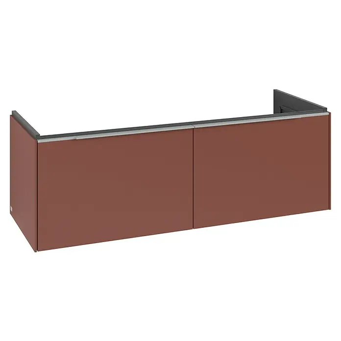 Villeroy & Boch Subway 3.0 Waschbeckenunterschrank - Wine Red, Anzahl Schubladen: 2 Stk., Farbe Griff: Aluminium glänzend, B x T x H: 127,2 x 47,8 x 42,9 cm, Mit Beleuchtung - Zweiteiliger, terrakottafarbener Schrank mit einem silbergrauen Griff entlang der Oberkante.