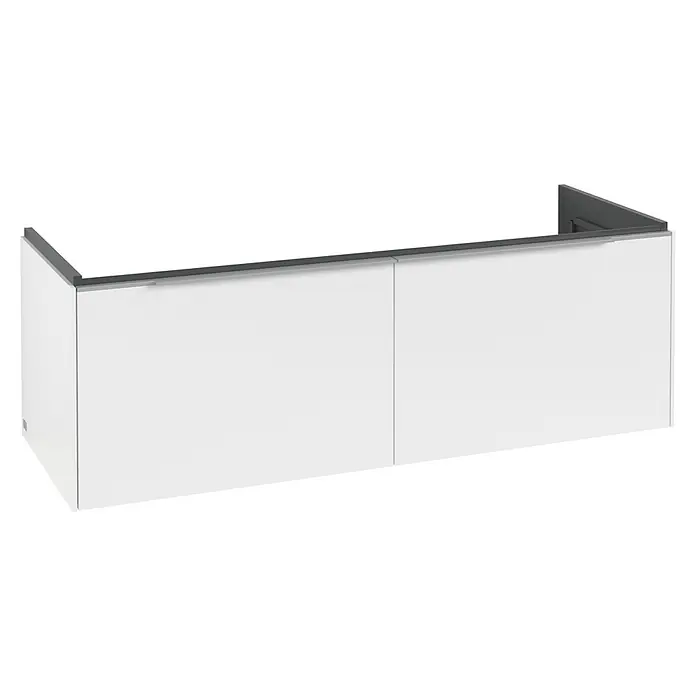 Villeroy & Boch Subway 3.0 Waschbeckenunterschrank - Pure White, Anzahl Schubladen: 2 Stk., Farbe Griff: Aluminium glänzend, B x T x H: 127,2 x 47,8 x 42,9 cm, Mit Beleuchtung - Weißer Wandschrank mit integriertem dunkelgrauem Griff.