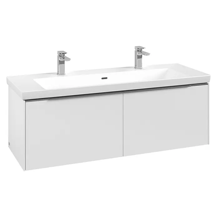 Villeroy & Boch Subway 3.0 Waschbeckenunterschrank - Pure White, Anzahl Schubladen: 2 Stk., Farbe Griff: Aluminium glänzend, B x T x H: 127,2 x 47,8 x 42,9 cm, Mit Beleuchtung - Weißer Doppelwaschtisch mit zwei Chromarmaturen.
