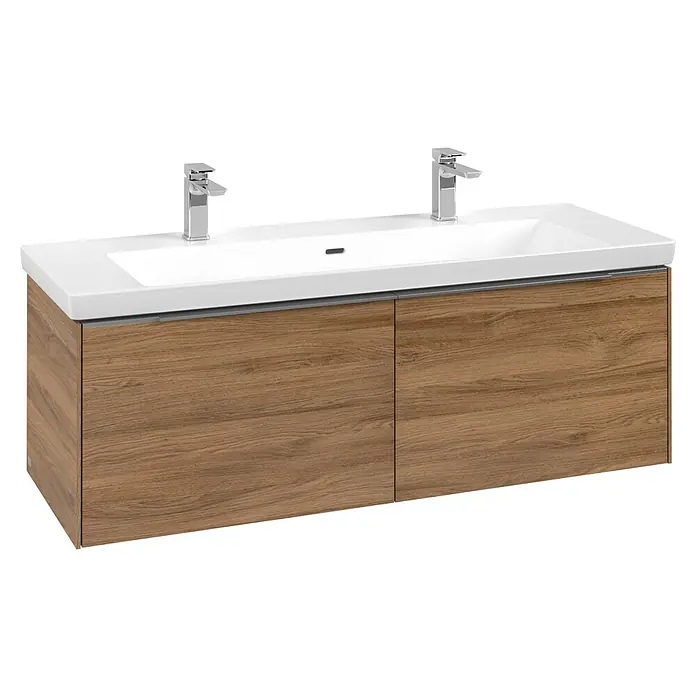 Villeroy & Boch Subway 3.0 Waschbeckenunterschrank - Kansas Oak, Anzahl Schubladen: 2 Stk., Farbe Griff: Aluminium glänzend, B x T x H: 127,2 x 47,8 x 42,9 cm - Moderner Doppelwaschtischunterschrank aus hellem Holz mit weißem Waschbecken und zwei Chromarmaturen.