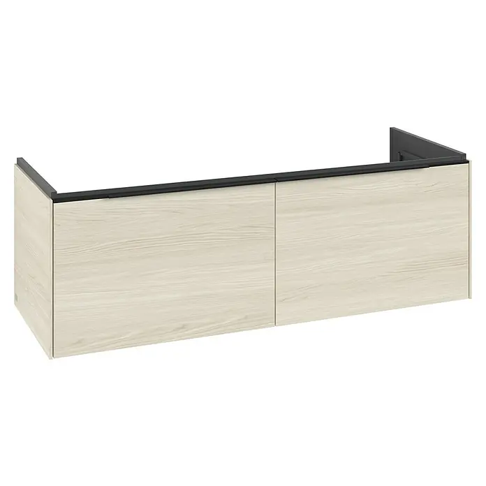 Villeroy & Boch Subway 3.0 Waschbeckenunterschrank - White Oak, Anzahl Schubladen: 2 Stk., Farbe Griff: Volcano Black, B x T x H: 127,2 x 47,8 x 42,9 cm, Mit Beleuchtung - Heller Wandschrank in Holzoptik mit zwei Türen und dunkler Griffleiste oben.