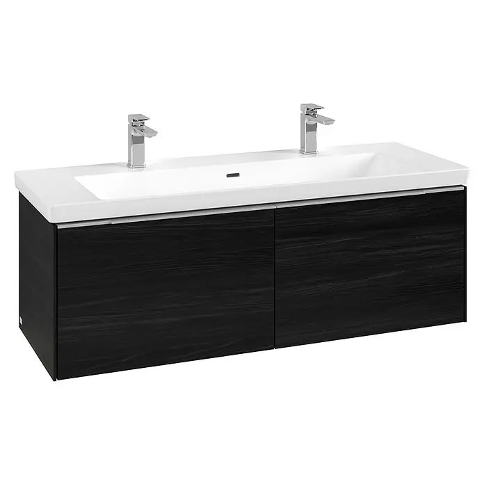 Villeroy & Boch Subway 3.0 Waschbeckenunterschrank - Black Oak, Anzahl Schubladen: 2 Stk., Farbe Griff: Aluminium glänzend, B x T x H: 127,2 x 47,8 x 42,9 cm, Mit Beleuchtung - Moderner Doppelwaschtisch mit weißen Keramikbecken, Chromarmaturen und dunklem Holzmaserungsschrank.