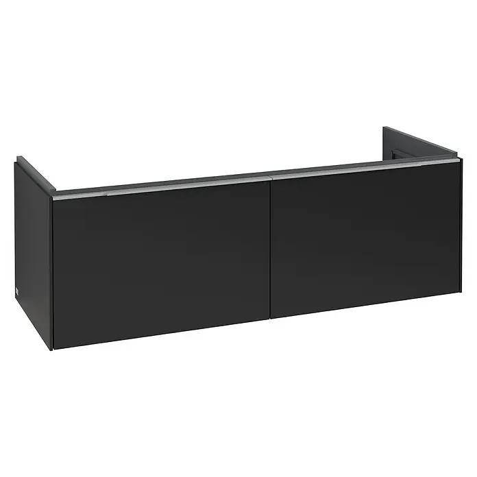 Villeroy & Boch Subway 3.0 Waschbeckenunterschrank - Volcano Black, Anzahl Schubladen: 2 Stk., Farbe Griff: Aluminium glänzend, B x T x H: 127,2 x 47,8 x 42,9 cm, Mit Beleuchtung - Dunkelgrauer Wandschrank mit zwei Türen und silberner Griffleiste.
