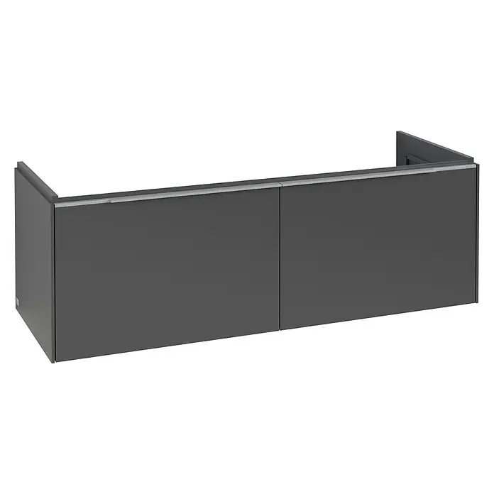 Villeroy & Boch Subway 3.0 Waschbeckenunterschrank - Graphite, Anzahl Schubladen: 2 Stk., Farbe Griff: Aluminium glänzend, B x T x H: 127,2 x 47,8 x 42,9 cm, Mit Beleuchtung - Dunkelgrauer wandmontierter Waschtischunterschrank mit zwei Türen und silberner Griffleiste.