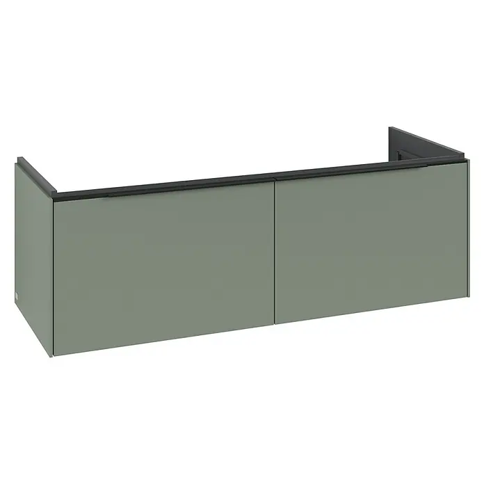 Villeroy & Boch Subway 3.0 Waschbeckenunterschrank - Soft Green, Anzahl Schubladen: 2 Stk., Farbe Griff: Volcano Black, B x T x H: 127,2 x 47,8 x 42,9 cm, Mit Beleuchtung - Mattgrüner Hängeschrank mit zwei Türen und dunkelgrauem Griffprofil oben.