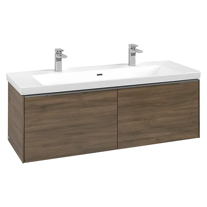Villeroy & Boch Subway 3.0 Waschbeckenunterschrank - Arizona Oak, Anzahl Schubladen: 2 Stk., Farbe Griff: Aluminium glänzend, B x T x H: 127,2 x 47,8 x 42,9 cm, Mit Beleuchtung - Wandmontierter Doppelwaschtisch mit dunklem Holzunterschrank, weißen Keramikbecken und zwei Chromarmaturen.