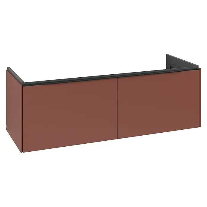 Villeroy & Boch Subway 3.0 Waschbeckenunterschrank - Wine Red, Anzahl Schubladen: 2 Stk., Farbe Griff: Volcano Black, B x T x H: 127,2 x 47,8 x 42,9 cm, Mit Beleuchtung - Rotbrauner Modulschrank mit zwei Paneelen und schwarzer Oberschiene.