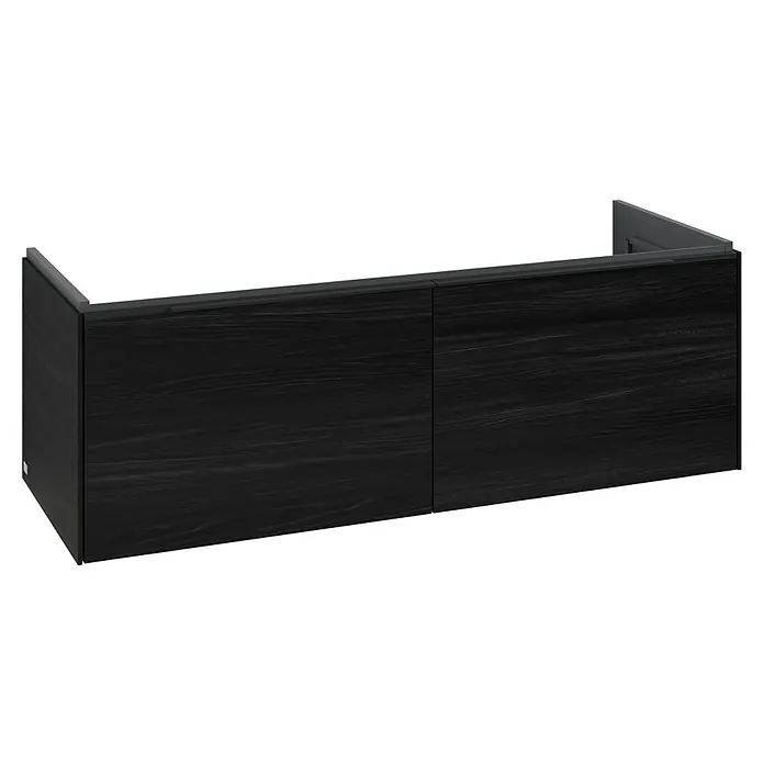 Villeroy & Boch Subway 3.0 Waschbeckenunterschrank - Black Oak, Anzahl Schubladen: 2 Stk., Farbe Griff: Volcano Black, B x T x H: 127,2 x 47,8 x 42,9 cm, Mit Beleuchtung - Dunkler Wandschrank mit Holzmaserung, zwei Türen und integriertem grauem Griff.