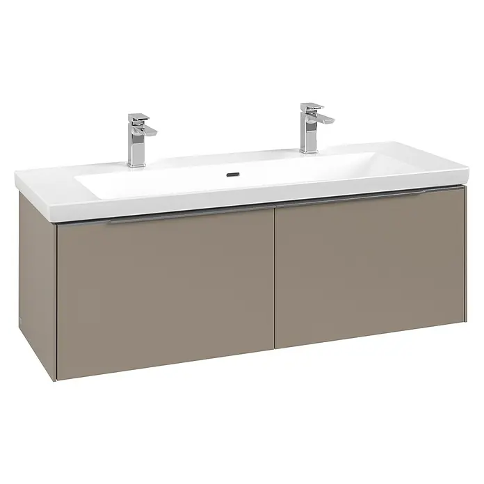 Villeroy & Boch Subway 3.0 Waschbeckenunterschrank - Taupe, Anzahl Schubladen: 2 Stk., Farbe Griff: Aluminium glänzend, B x T x H: 127,2 x 47,8 x 42,9 cm, Mit Beleuchtung - Hellbrauner Doppelwaschtisch mit weißer Arbeitsplatte und zwei Chromarmaturen.