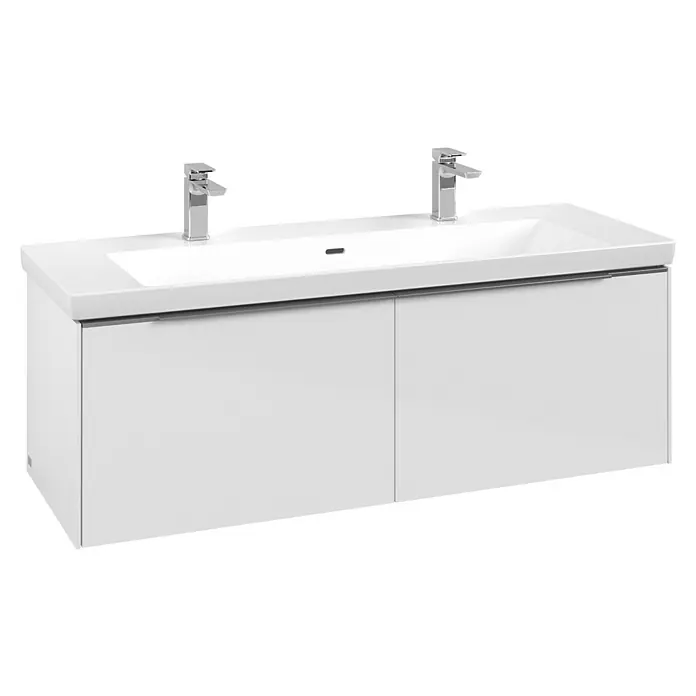 Villeroy & Boch Subway 3.0 Waschbeckenunterschrank - Brilliant White, Anzahl Schubladen: 2 Stk., Farbe Griff: Aluminium glänzend, B x T x H: 127,2 x 47,8 x 42,9 cm, Mit Beleuchtung - Weißer wandmontierter Doppelwaschtisch mit integriertem Waschbecken und zwei Chromarmaturen.